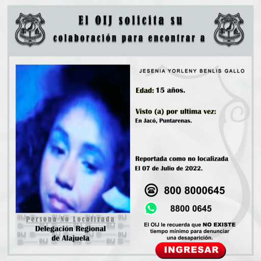 No localizada OIJ Alajuela: Jessenia Yorleny Benlis Gallo