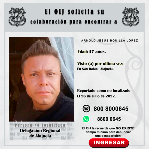 No localizado OIJ Alajuela: Arnold Jesús Bonilla López