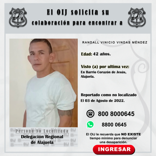 No localizado OIJ Alajuela: Randall Vinicio Vindas Méndez