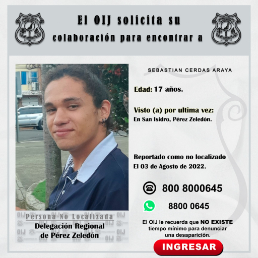 No localizado OIJ Pérez Zeledón: Sebastian Cerdas Araya