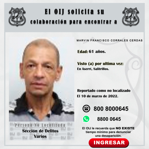No localizado OIJ San José: Marvin Francisco Corrales Cerdas